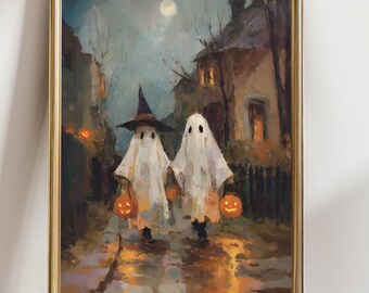 Ghost Kids Trick or Treating – Halloween Wall Art – Spooky Cute Fall Decor – Vintage Style Haunted Street Print with Pumpkins