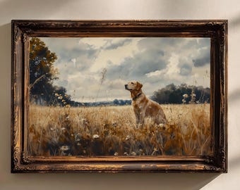 Yellow Labrador Dog Print Wildflower Painting Wall Art Cottagecore Landscape Farmhouse