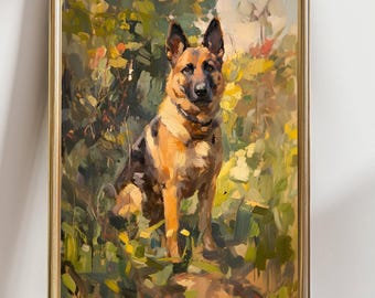 May include: A framed oil painting of a German Shepherd dog. The dog is depicted in a seated position, with a black and tan coat, set against a backdrop of green and yellow foliage. The artwork is enclosed in a gold-colored frame.