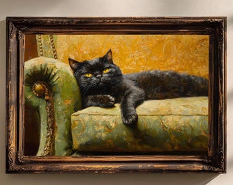 May include: A framed oil painting depicts a black cat with yellow eyes lounging on a green and gold patterned sofa. The cat is the focal point, with its fur detailed and the sofa's texture visible. The frame is dark brown.
