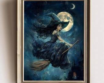 Flying Witch Wall Art: Dark Academia, Moody Halloween Print
