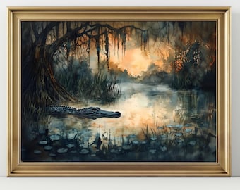 Swamp Wildlife Art Print: Alligator in Misty Bayou - Gothic Decor
