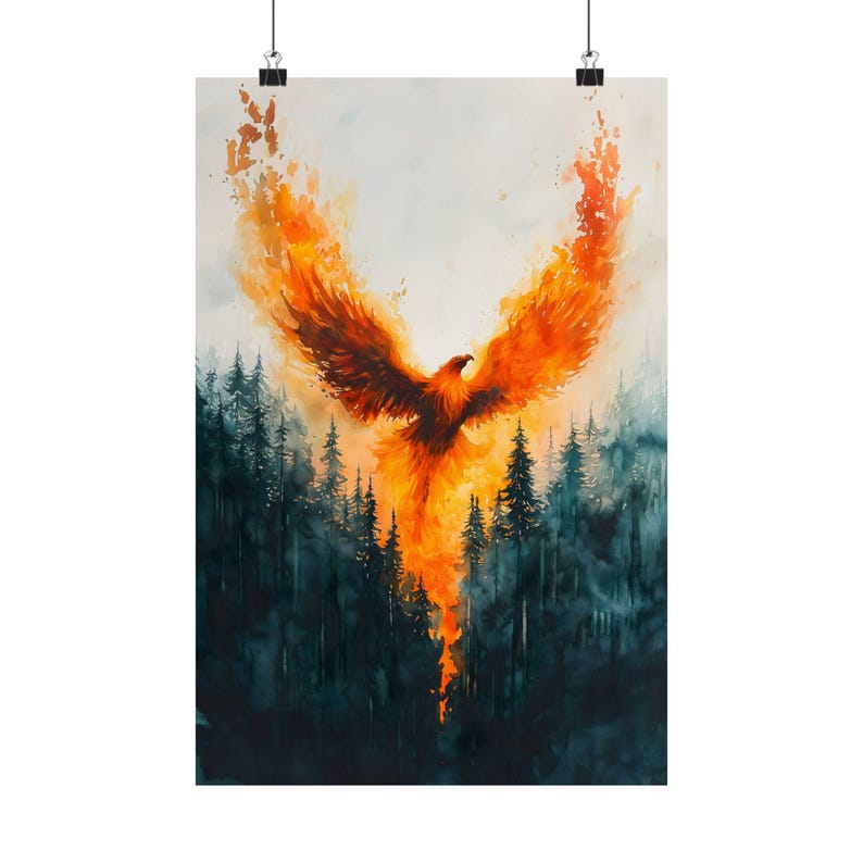 Phoenix Rising Wall Art, Dark Forest Fire Bird Print, Fantasy Mythical Poster image 7