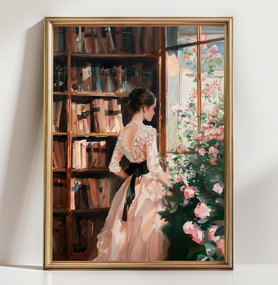 Romantic Library Wall Art Print, Vintage Woman Reading Painting ...
