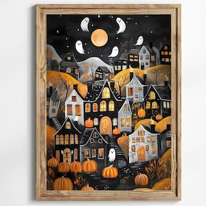 Halloween Town Folk Art Print Halloween Ghost Wall Art, Halloween Pumpkin Vintage Art Halloween Decor For Home Moody Halloween Poster