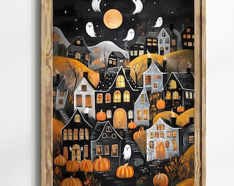 Halloween Town Folk Art Print Halloween Ghost Wall Art, Halloween Pumpkin Vintage Art Halloween Decor For Home Moody Halloween Poster