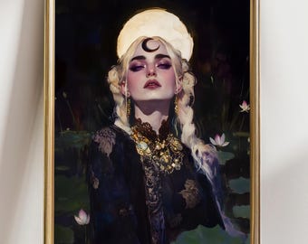 May include: A framed art print featuring a woman with blonde hair, adorned with a crescent moon headpiece and elaborate gold jewelry. The artwork has a dark, mystical theme, with a full moon in the background and lotus flowers in the water.