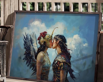 May include: A painting of two women in warrior garb kissing. One woman is wearing a golden helmet with a red feather and a white and gold tunic. The other woman is wearing a dark brown tunic with gold accents and a dark brown cloak. The background is a blue sky with white clouds.