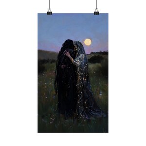 Moonlit Lovers Art Print, Gothic Romantic Wall Decor, Celestial Witchy Couple Painting, LGBTQ+ Fantasy Love Artwork image 7