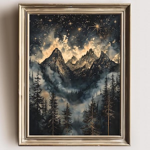 Impresión de estrellas de cielo nocturno abstracto oscuro y melancólico, silueta de montañas de bosque de pinos, decoración de academia, dormitorio celestial melancólico maximalista azul dorado
