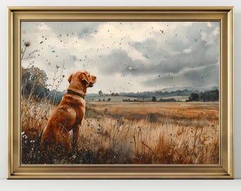 Red Labrador Dog Print Vintage Wildflower Painting Wall Art Moody Dark Wildflower  Print Floral Cottagecore Landscape Farmhouse