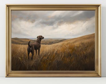 Chocolate Labrador Dog Landscape Print, Rustic Hunting Dog Wall Art, Country Farmhouse Decor