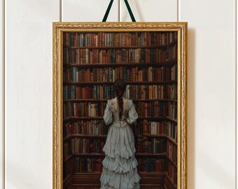 Dark Academia Library Wall Art, Vintage Bookshelf Print with Victorian Woman, Moody Reading Room Decor, Classic Literature Aesthetic Poster