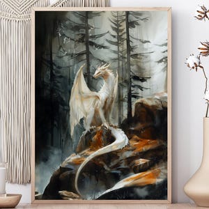 Forest White Dragon Watercolor Art  Vertical Poster Print fantasy art forest dragon Fantasy Painting, Watercolor illustration Dark Academia