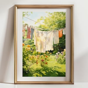 Laundry on a line Matte Vertical Posters Laundry Room Art Vintage Cottagecore Garden Painting Print farmhouse wall decor country art print