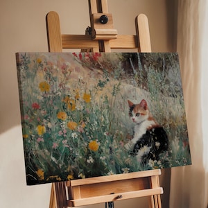 Calico Cat in Wildflower Meadow Canvas – Cottagecore Cat Art Print, Floral Feline Wall Decor, Whimsical Nature Pet Painting