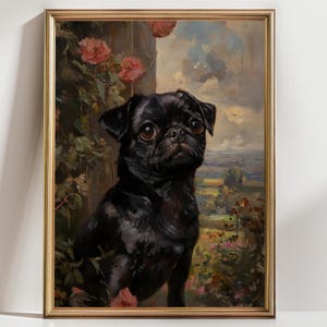 Black Pug Dog Portrait in Floral Garden – Elegant Pet Wall Art Print – Whimsical Vintage Style Animal Painting for Dog Lovers