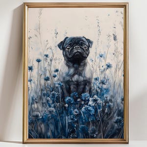 Black Pug Wall Art – Dog Portrait in Blue Wildflowers, Cute Pet Painting, Rustic Farmhouse Decor for Pug Lovers and Dog Owners