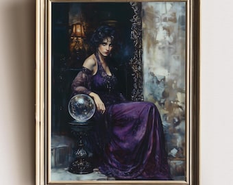 Enchanting Witch with Crystal Ball, Dark Academia Print, Goth Moody Victorian Wall Art, Dark Decor Aesthetic, Dark Cottagecore Gothic Prints