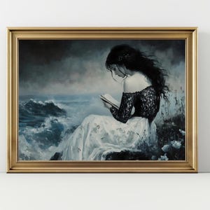 Dreamy Woman Reading Art Print Ocean Fantasy Wall Decor Moody Painting Unique Gift Bookish