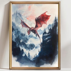 Mystic Dragon Watercolor Art  Vertical Poster Print fantasy art kingdom and a dragon Fantasy Painting, Watercolor illustration Dark Academia