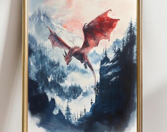 Red Dragon Wall Art Print, Dark Fantasy Dragon Artwork, Epic Mountain Landscape Decor