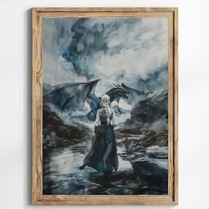 Black Dragon Watercolor Art  Vertical Poster Print fantasy art Queen and a dragon Fantasy Painting, Bookish illustration Dark Academia