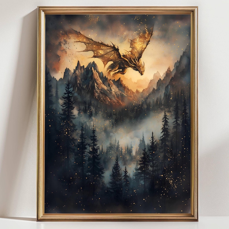 May include: A framed fantasy art print featuring a golden dragon soaring above a misty forest and mountain range. The artwork has a warm color palette with shades of gold, orange, and dark blues, creating a dramatic and magical scene.