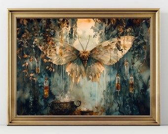 Witchy Moth Cauldron Potion Print, Dark Cottagecore Occult Wall Art, Mystical Witch Decor, Goblincore Fantasy Poster