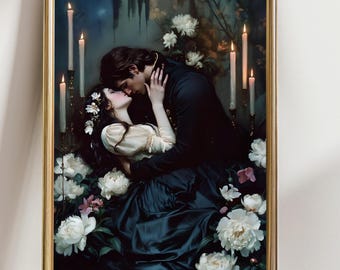 Romantic Gothic Art Print: Dark Fantasy Couple with Floral Details