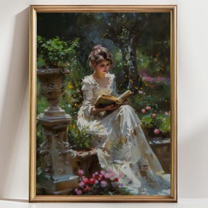 Garden Reading Woman Art Print – Cottagecore Book Lover Wall Decor, Romantic Vintage Girl in Garden, Light Academia Aesthetic Artwork