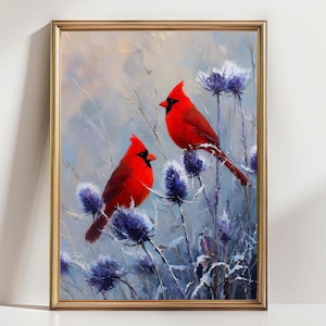 Winter Cardinal Wall Art, Red Birds on Thistle Print, Frosty Nature Painting, Bird Lover Gift, Rustic Woodland Animal Decor