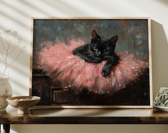 May include: A black cat wearing a pink tutu, painted in an oil painting style.