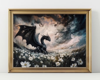 Black Dragon Fantasy Wall Art, Dark Dragon Landscape Painting, Gothic Fantasy Dragon Artwork, Dragon Lover Gift