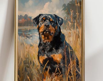 May include: A framed painting of a Rottweiler dog sitting in tall grass. The dog has black and tan markings, with a focused gaze. The background features a lake and a cloudy sky, with a gold-colored frame.