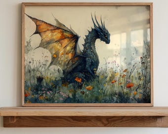 Mystical Dragon Wall Art Print – Fantasy Dragon Poster, Mythical Creature Painting, Dark Fantasy Decor for Home