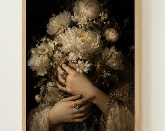 Estampado de manos florales oscuras, arte mural de peonías sombrías, póster botánico de estilo Dark Academia