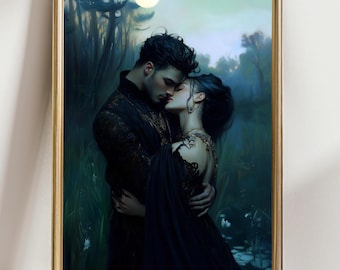 Gothic Moonlit Lovers Art Print – Dark Romantic Fantasy Wall Decor, Victorian Romance Painting, Enchanted Midnight Embrace Artwork