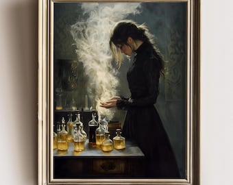 Enchanting Witch Cooking, Dark Academia Print, Goth Moody Victorian Wall Art, Dark Decor Aesthetic, Dark Cottagecore Gothic Prints painting