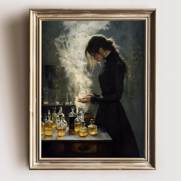 Cuisine de sorcière enchantée, impression Dark Academia, art mural victorien gothique maussade, esthétique déco sombre, peinture d'estampes gothiques cottagecore sombre