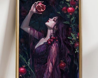 Persephone Wall Art, Dark Goddess Pomegranate Print, Greek Mythology Fantasy Poster