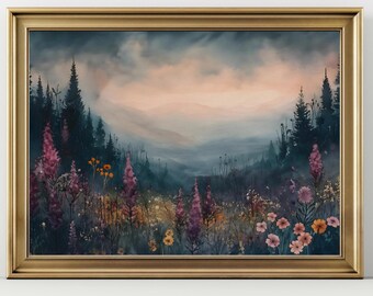 May include: A framed watercolor painting depicting a misty forest scene with a mountain range in the background. The foreground features a field of wildflowers in shades of pink, purple, and orange.