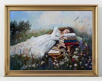 Bookish Victorian Decor Art Print , Red Hair Girl and Books , Wildflowers Dark Academia, Book Lovers Art, Library Art, Bookish Wall Art