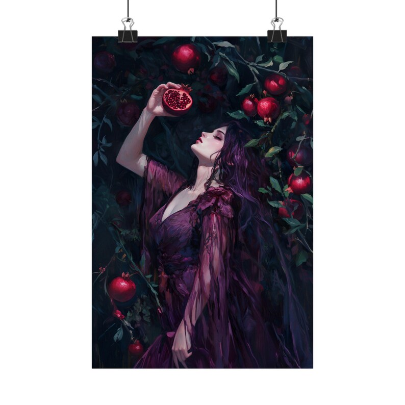 Dark Feminine Art Print – Gothic Woman with Pomegranate, Persephone Myth Wall Decor, Witchy Aesthetic Art for Dark Academia afbeelding 6