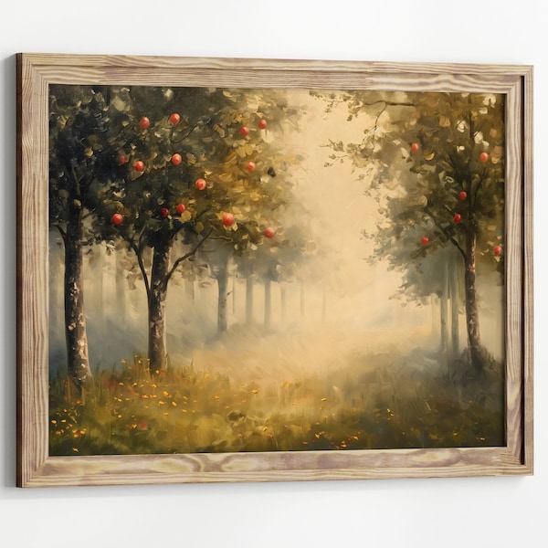 Cottagecore Apple Trees  Garden, Vintage Oil Painting, Cottagecore Wall Art Decor, Farmhouse Print, Moody vintage Garden landscape