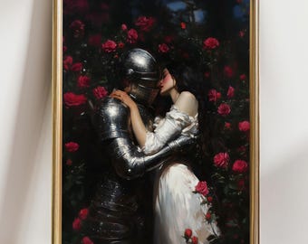 Knight and Maiden Art Print – Romantic Fantasy Wall Art, Medieval Couple Illustration, Gothic Armor Rose Painting, Fairytale Decor
