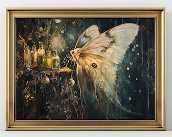 Whimsical Moth Wall Art, Dark Mystical Insect Print, Witchy Fantasy Poster