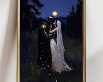 May include: A framed print of a romantic scene under a full moon. A knight in black armor embraces a woman in a white gown and veil. The artwork is set in a dark forest with a golden frame.