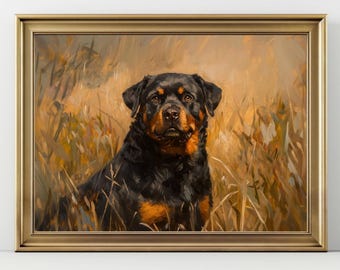 May include: A framed painting of a Rottweiler dog. The dog has black fur with brown markings and is set against a backdrop of tall, golden-brown grass. The painting is in a gold-colored frame.