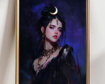 Moon Priestess Wall Art: Dark Fantasy Witch, Celestial Gothic Print